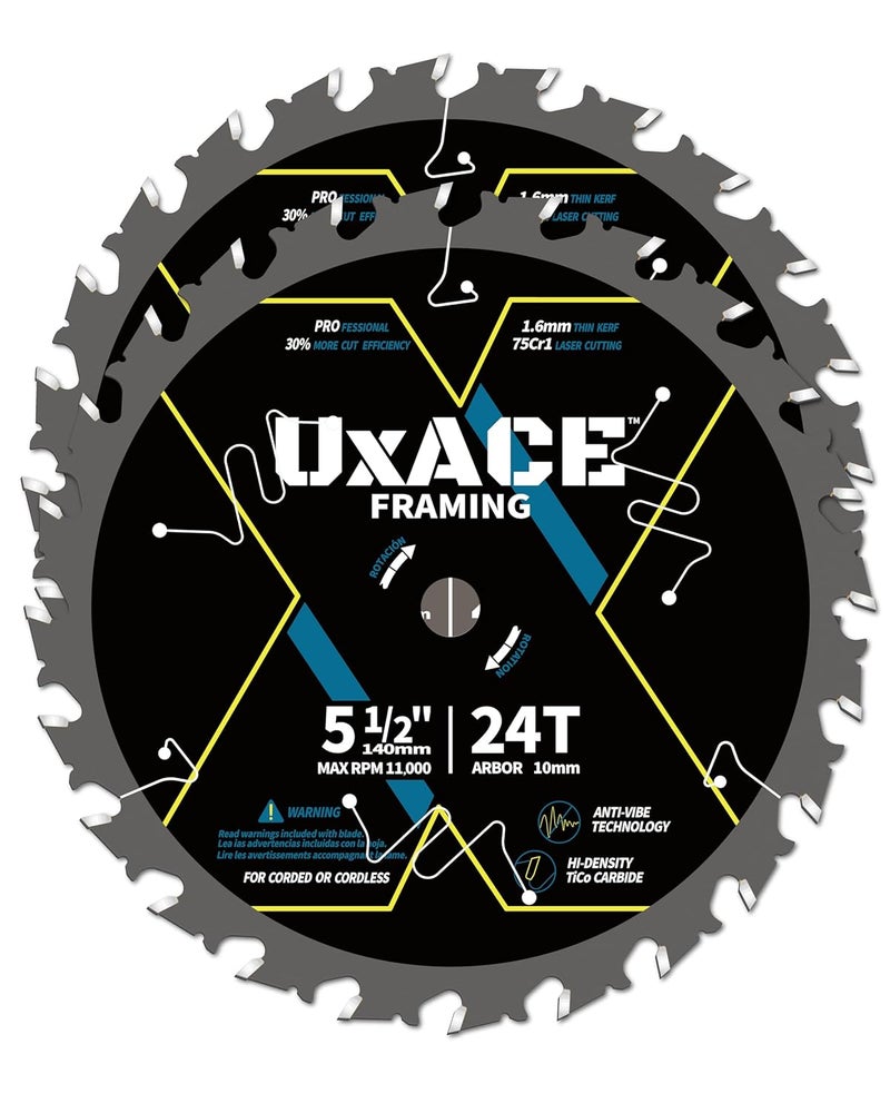 UXACE 5-1/2-Inch 24-Tooth Circular Saw Blade with 10 mm Arbor, Framing Wood Cutting, Carbide Tip, Thin Kerf, for Plywood, MDF, OSB, Laminated, 2 Pack - Image 1
